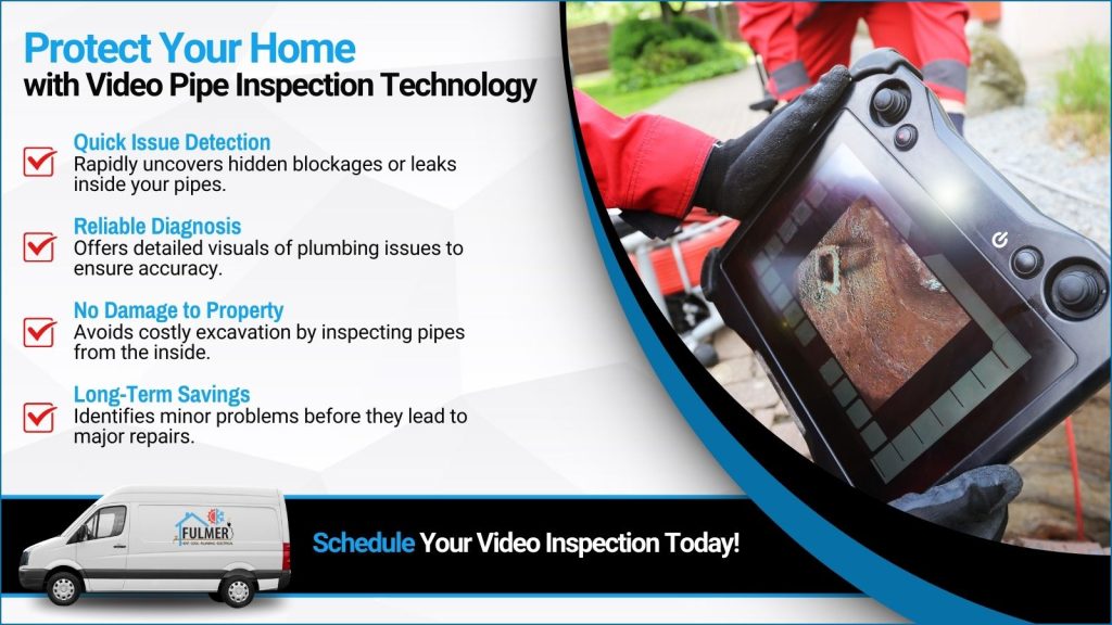 This is an image of a plumber, using a video SCOPE to inspect pipes. The headline reads protector, Home with video pipe inspection technology.