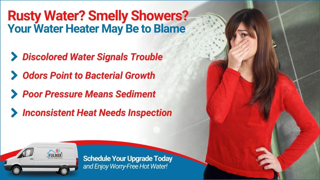 This is an image of a woman holding her nose with a shower behind her because the shower smells. The headline reads rusty water? Smelly showers? Your water heater may be to blame.