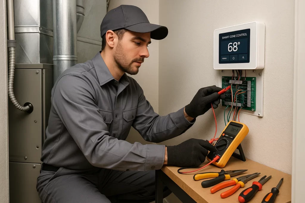Technician servicing zone control panel in utility closet with tools
