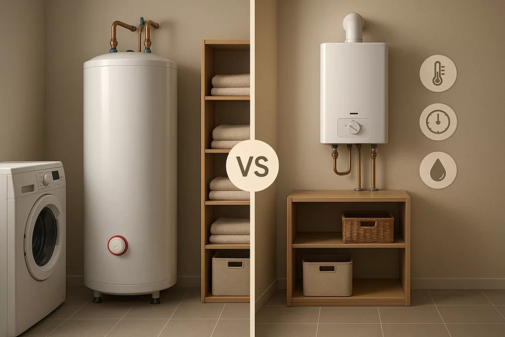 Side-by-side visual comparing traditional tank water heater vs. space-saving tankless unit