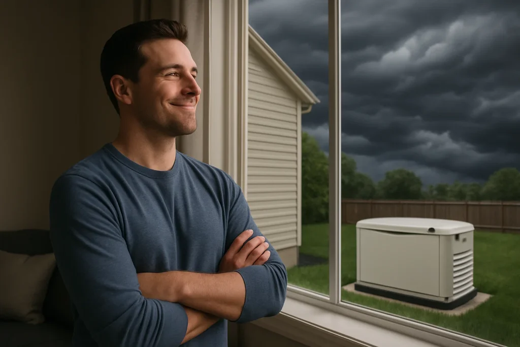 Self assured man, standing by his window, looking at his generator as a storm cloud rolls in