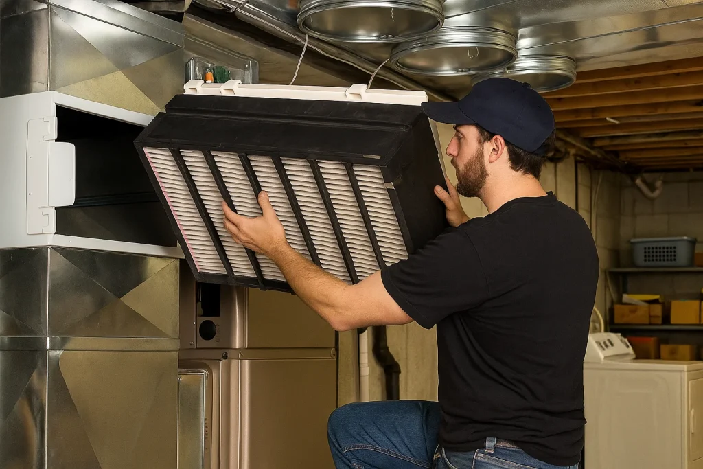 An HVAC technician replacing an air purifier filter
