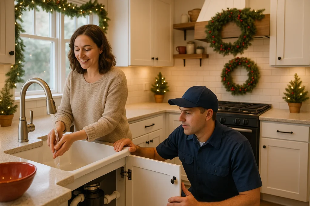 Plumber inspecting garbage disposal in holiday kitchen for guest readiness