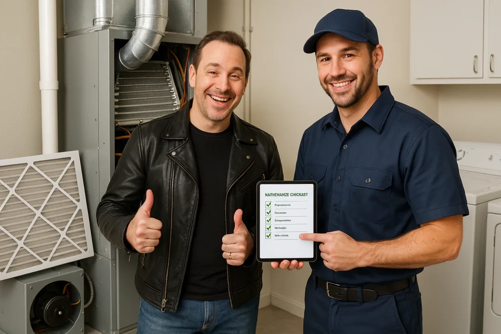 Homeowner and technician reviewing HVAC maintenance checklist in utility room