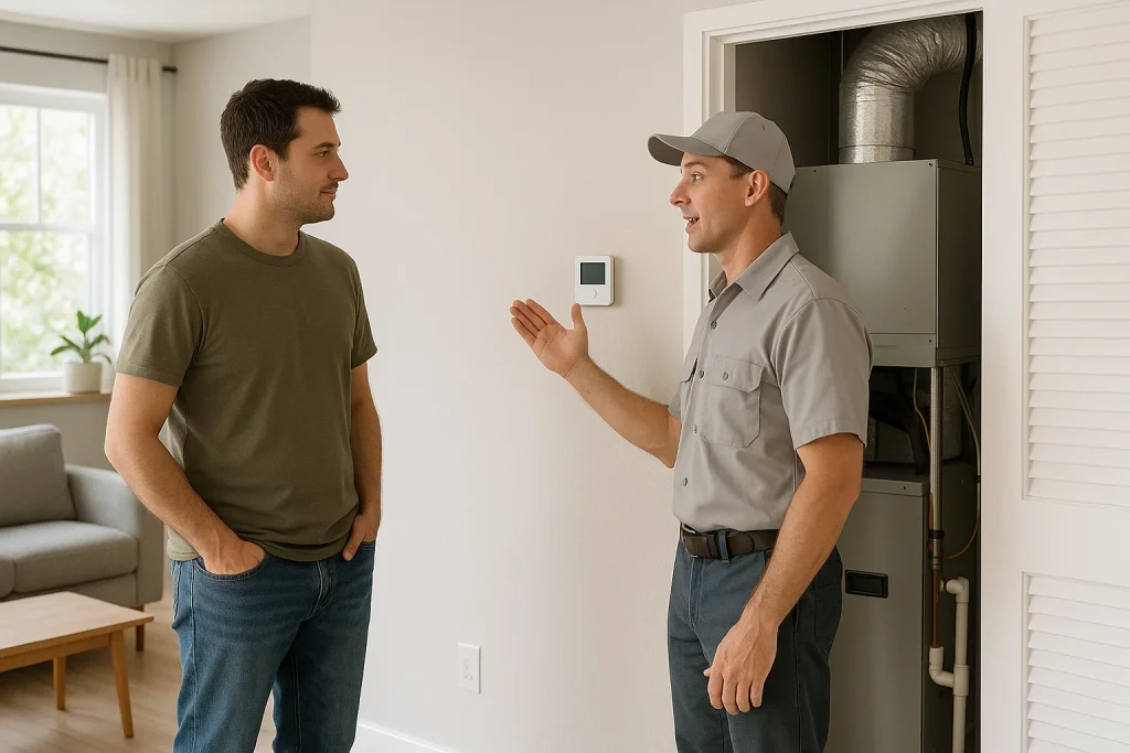 Homeowner learning how a heat pump heats and cools with technician indoors