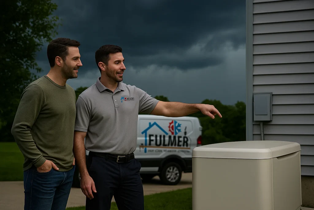 homeowner and technician beside standby generator in storm preparation