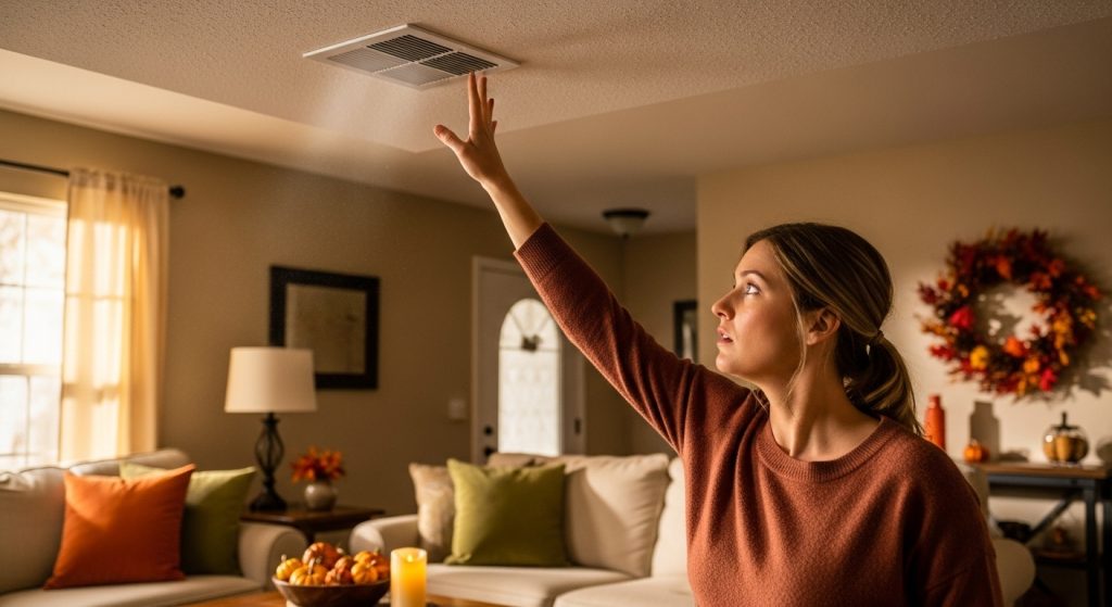 A concerned woman lifts her hand up to reach her ceiling air vent. The room around her is well-lit and tastefully decorated for fall.