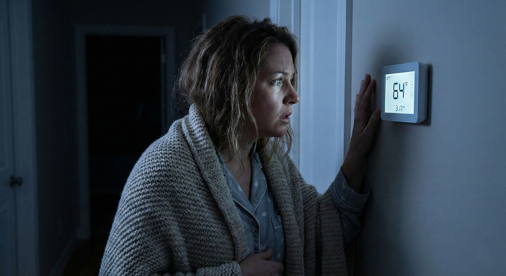 A woman checking her thermostat in the middle of the night and discovering that it's cold
