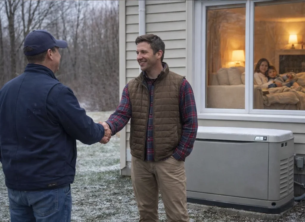 Electrician and homeowner on the side of the house, shaking hands in front of a whole Home generator
