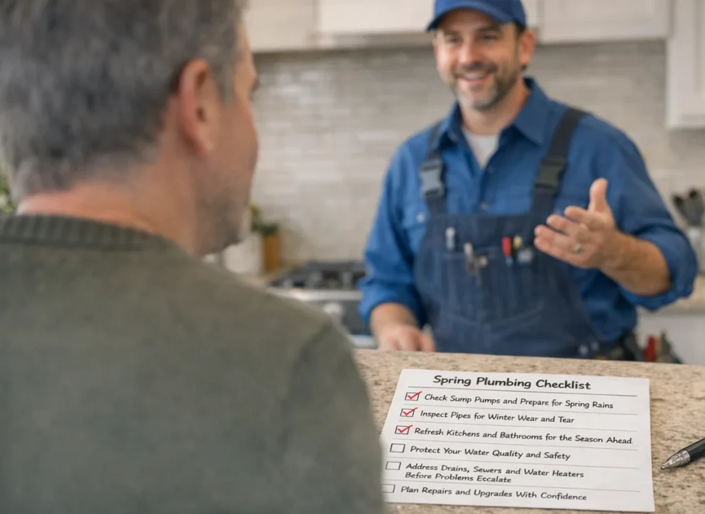 A plumber and a homeowner discussing a plumbing checklist.