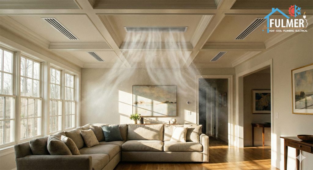 A well-lit living room with air vents on the ceiling. One of the air vents is blowing visible air currents. The other vents are not blowing anything.