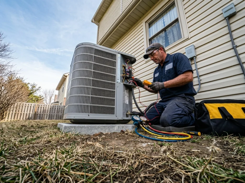 An HVAC tech servicing an AC condenser unit.