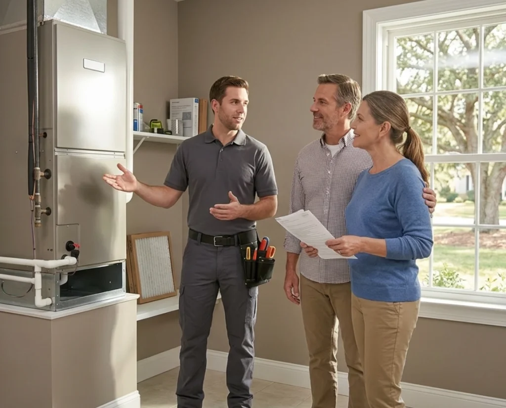 Blythewood homeowners discussing all-electric heating with HVAC technician
