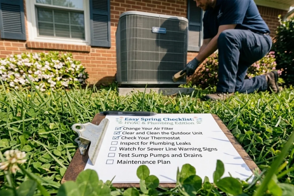 HVAC technician performing allergy-season air quality maintenance