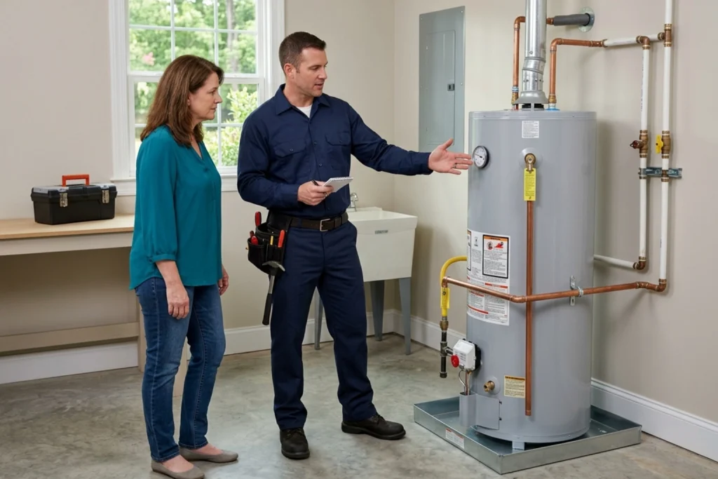 Homeowner discussing May water heater maintenance with plumber