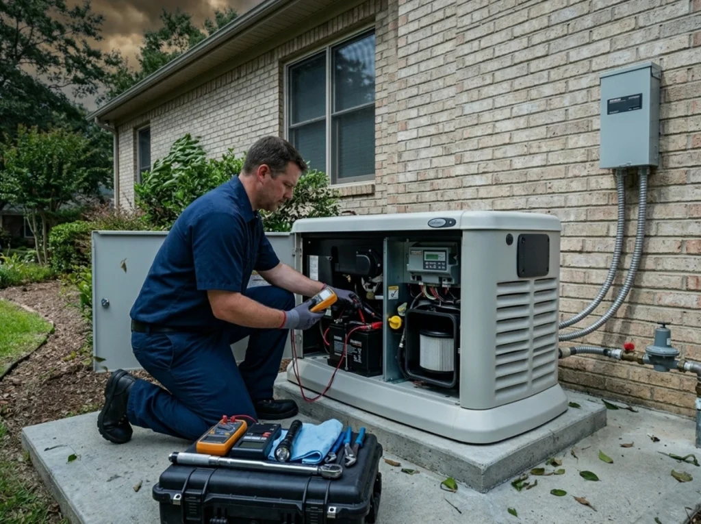Technician inspecting standby generator and transfer switch