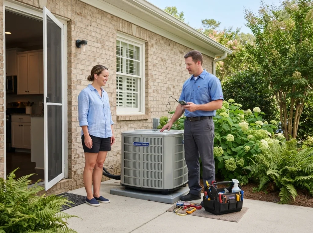 Fulmer HVAC technician reviewing a mid-summer AC tune-up in Columbia