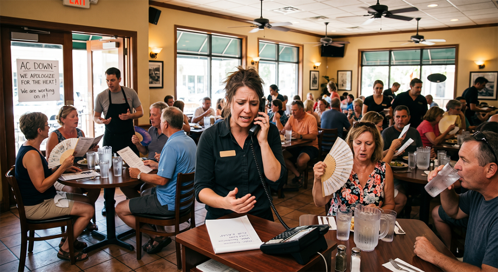 the inside of a restaurant where the AC has broken. Customers are fanning themselves and drinking water, and the waiters are apologizing to customers. The restaurant manager is on the phone calling an HVAC technician.
