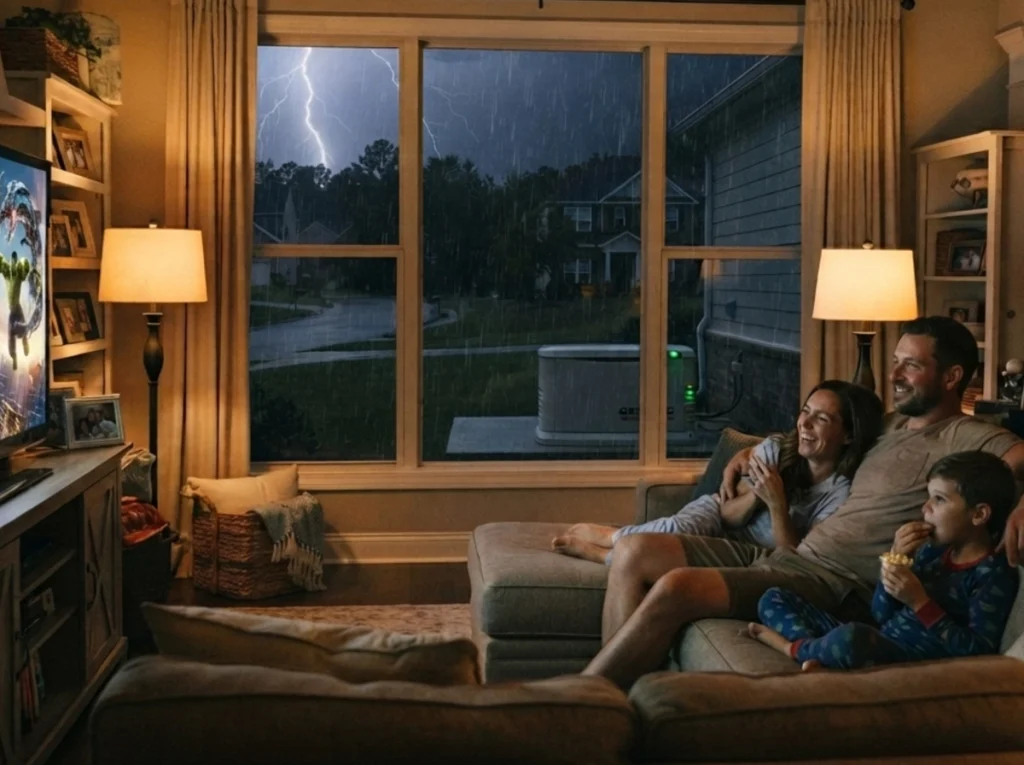 A family enjoying some television during the thunderstorm because they have a whole Home generator.