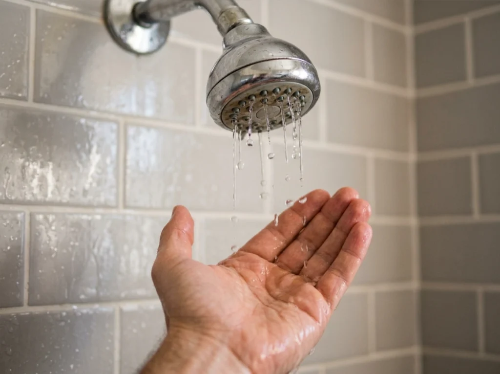A homeowner attempting to take a shower, but the water pressure is very low.